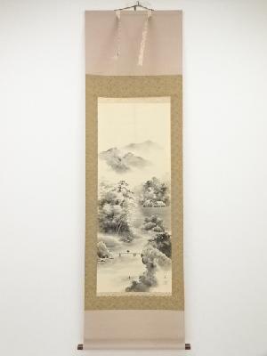 大泉筆　水墨山水　肉筆絹本掛軸（共箱）